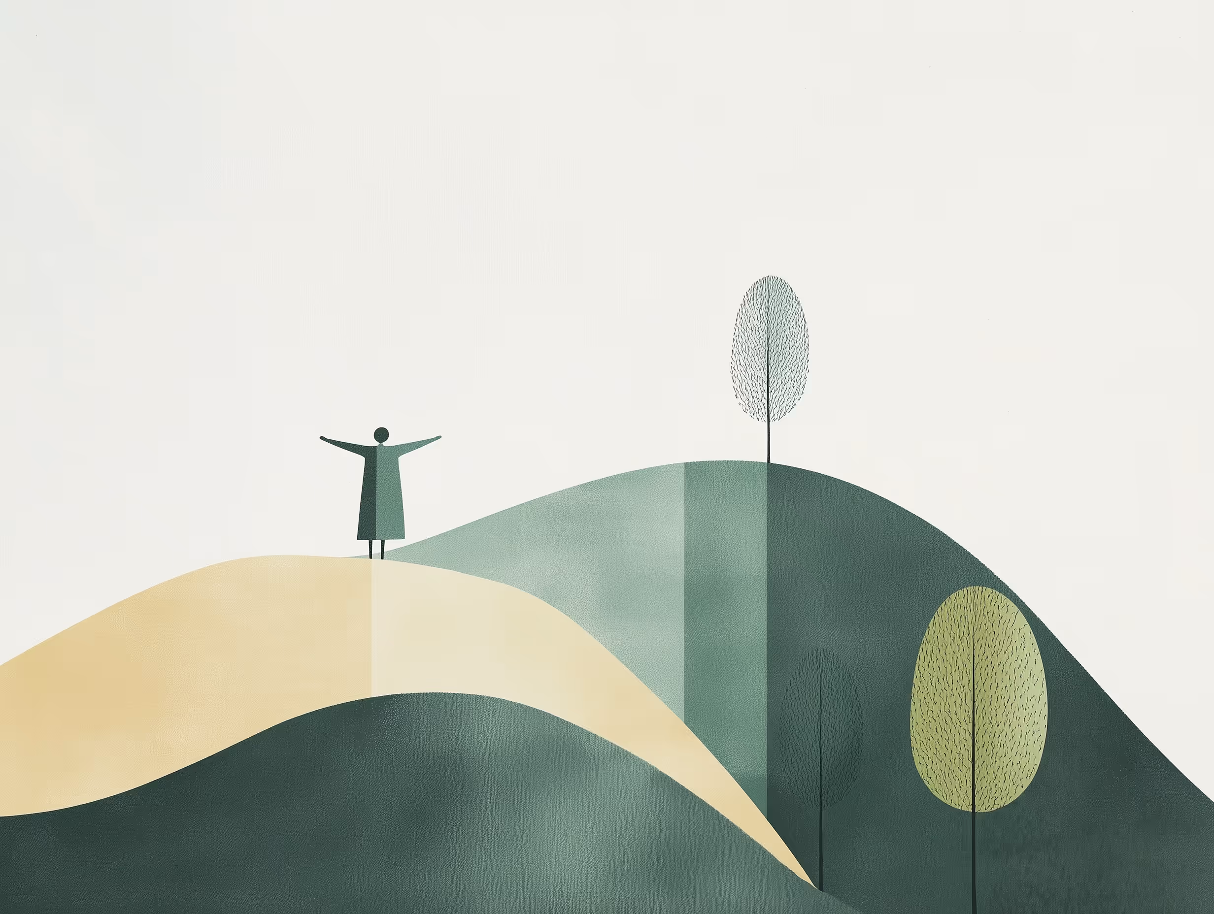 Person mit ausgebreiteten Armen auf sonnigem Hügel. Einladung zur Kontaktaufnahme mit der Praxis für psychoanalytische Beratung Kassel.