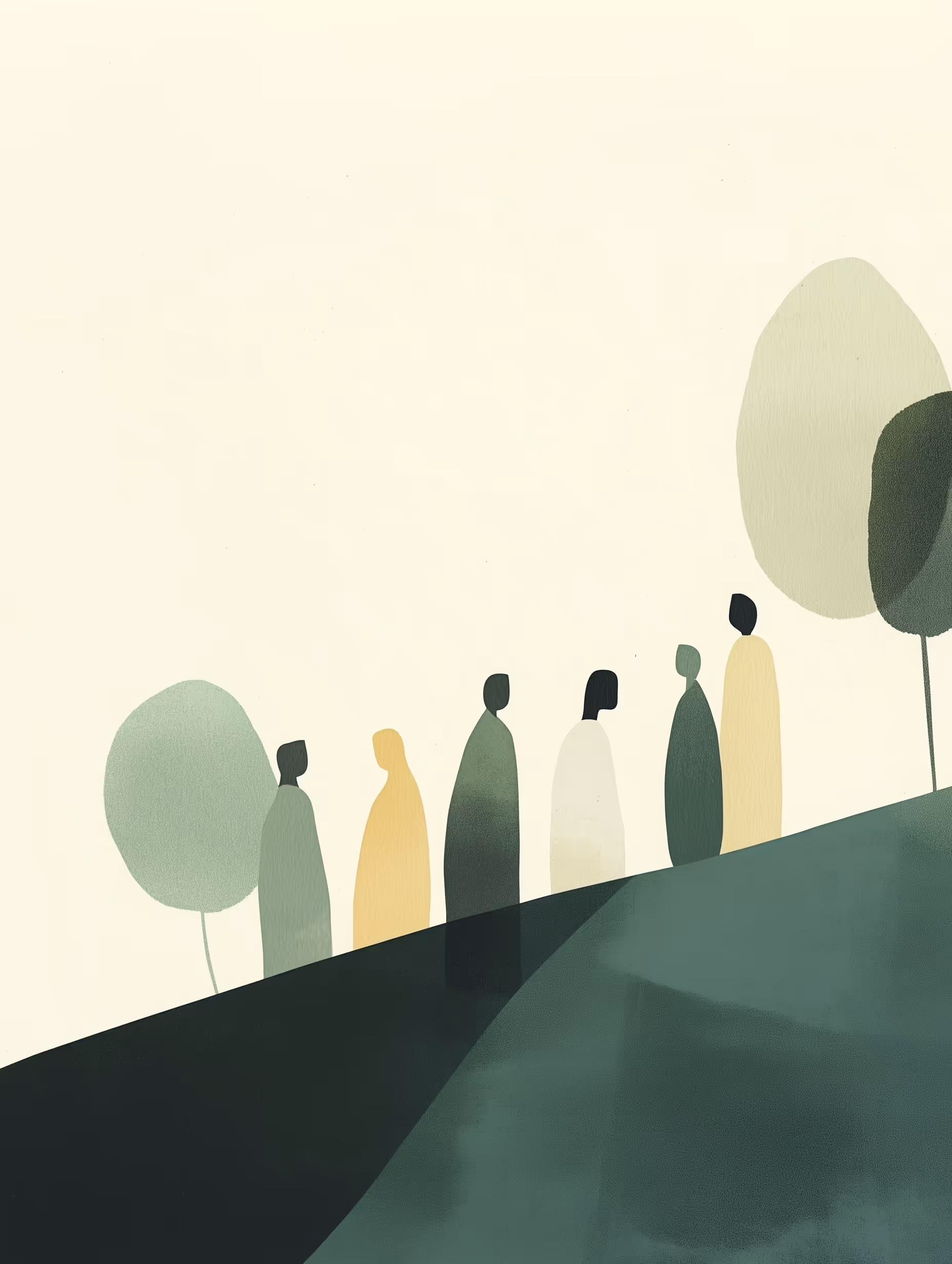 Gruppe stilisierter Menschen auf Weg durch sanfte Hügel. Visualisierung von Supervision und Teamreflexion in Kassel.