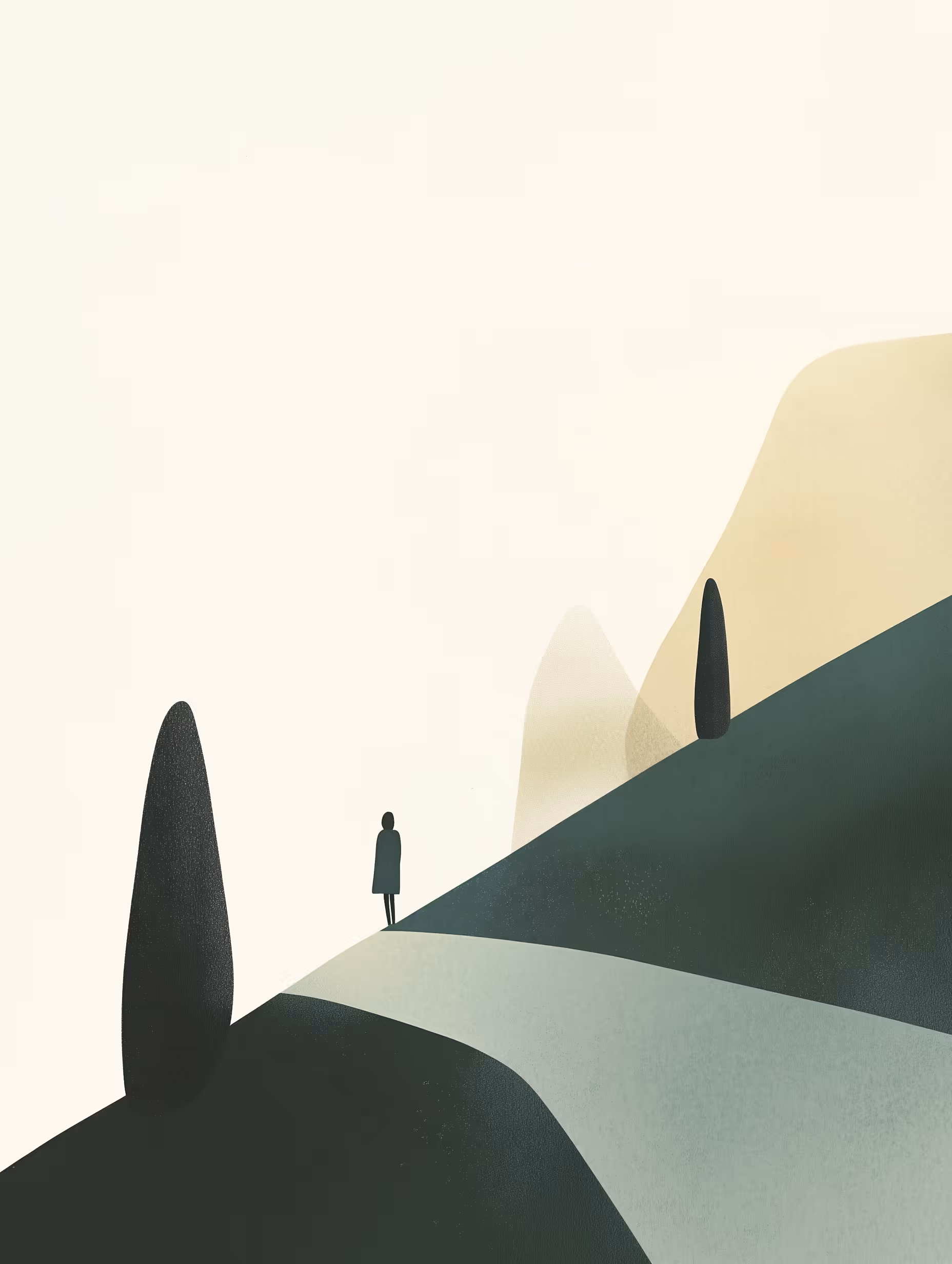 Einzelne Figur auf gewundener Wegführung zwischen Zypressen. Darstellung von Haltung, Erfahrung und Profil der Beraterin Andrea Wilk Kassel.